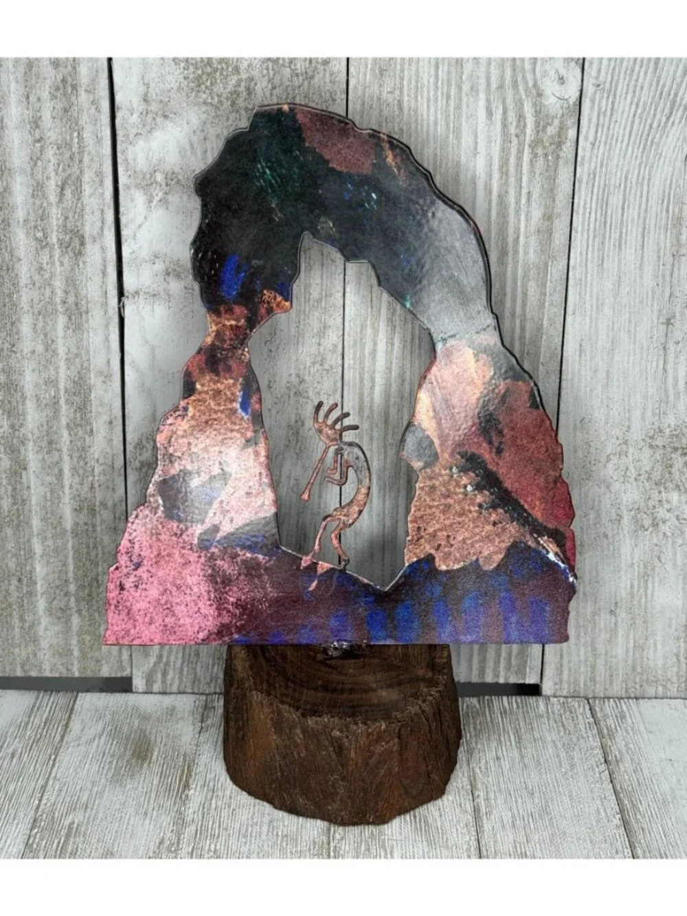 Vintage Metal Sculpture of Kokopelli on a Wood Base